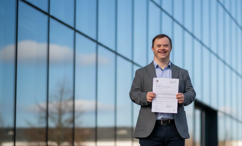 Pessoa com síndrome de down segurando papéis e olhando para a câmera sorrindo, com um prédio executivo atrás, feliz com a decisão do fim da perícia para pessoas com TEA