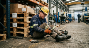 Homem que acabou de se machucar no trabalho sentado no chão, segurando a perna, com um fundo de fábrica, com pallets.