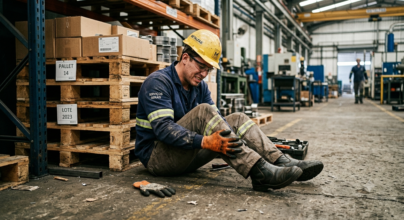 Homem que acabou de se machucar no trabalho sentado no chão, segurando a perna, com um fundo de fábrica, com pallets.