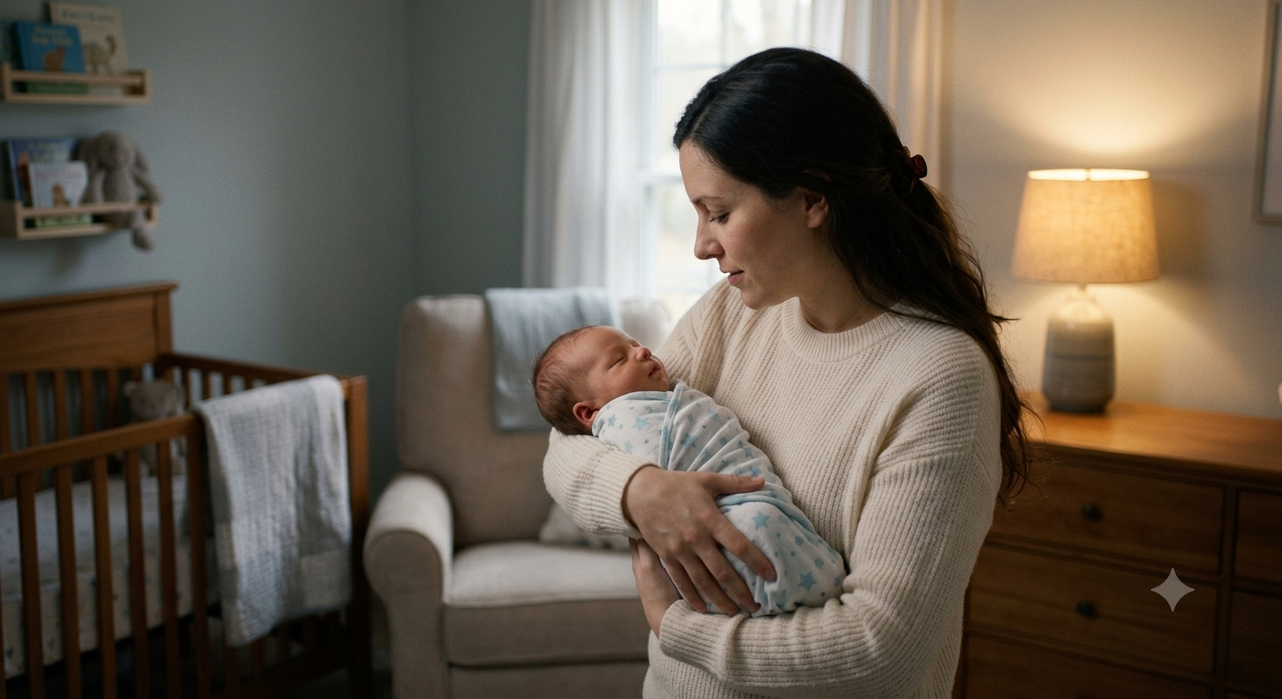 Mãe segurando filho recém-nascido no colo para dormir em ambiente acolhedor, representando o período de cuidado garantido pelo salário-maternidade do INSS.