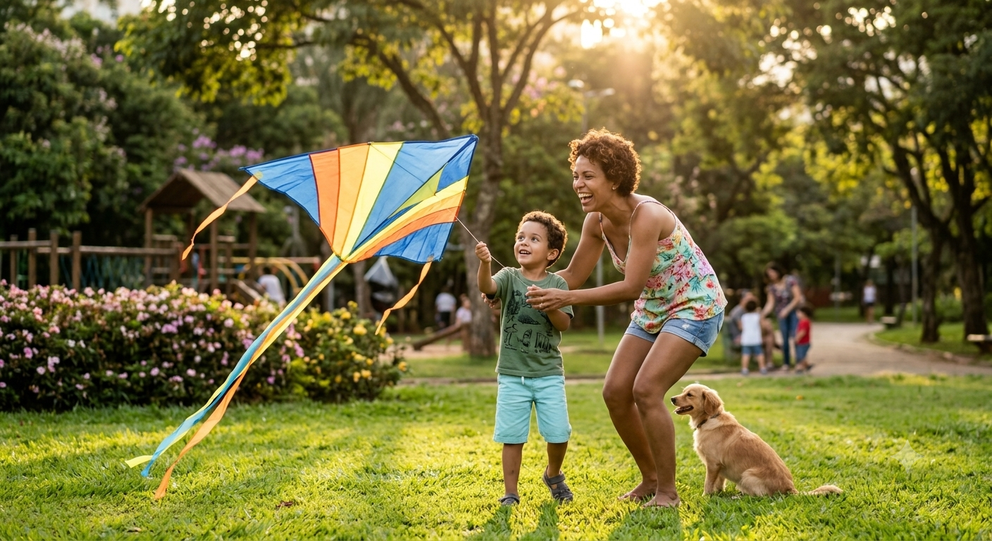 Mãe e filho brincando no parque com seu cachorro simulando a guarda do filho